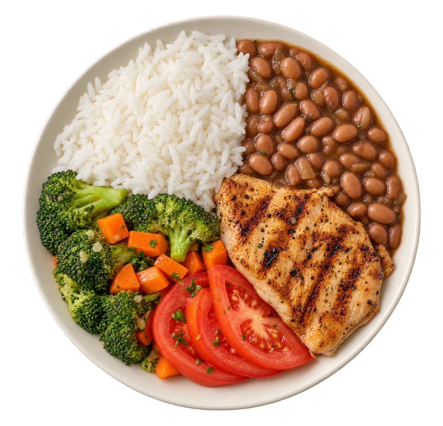 Prato ilustrativo com arroz, feijão, frango e vegetais
